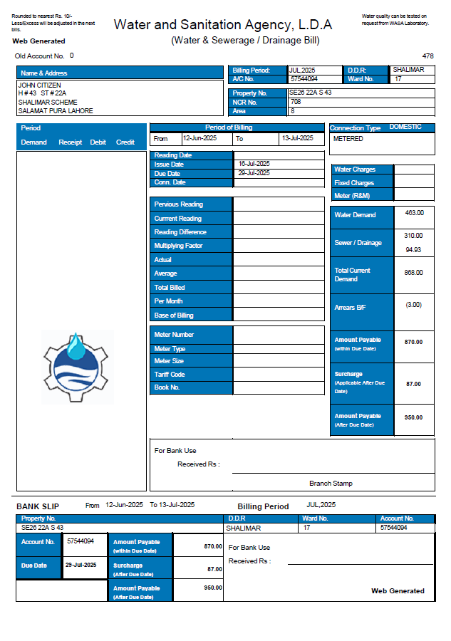Pakistan Water and Sanitation Agency (LDA) utility bill template in Word and PDF formats
